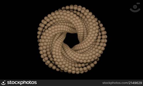 3D Render. Beautiful abstract twisted torus made of wood balls rotates. Universal dynamic motion on black background. Mobius strip rotation. 3D Render. Beautiful abstract twisted torus made of wood balls rotates