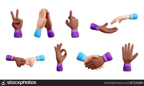 3d render black and white hands gestures ok, business handshake, peace or victory symbol. Pointing Up, giving high-five, bump fists and open palm, body languega illustration in cartoon plastic style. 3d render black and white hands gestures set