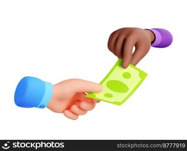 3d render black hand giving money bill to white palm. Businessmen holding dollar note donate, paying with cash, financial transaction, currency exchange, loan Illustration in cartoon plastic style. 3d render black hand giving money to white palm