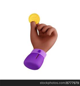 3d render black hand holding golden coin between fingers isolated on white background. Money savings, alms, donation, payment, income, earnings, finance concept. Illustration in cartoon plastic style. 3d render black hand holding golden coin, money