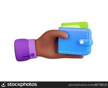 3d render black hand holding wallet with paper money bills. Financial concept of cash payment, earnings, expenses, transaction, shopping or wealth isolated Illustration in cartoon plastic style. 3d render black hand holding wallet with bills