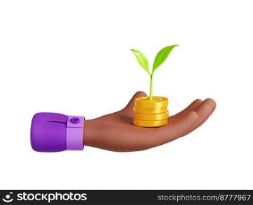 3d render black hand with golden coin stack and growing sprout. Money investment, savings concept with person palm holding green plant. Business growth, finance Illustration in cartoon plastic style. 3d render black hand with coin stack and sprout