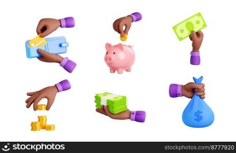 3d render black hand with money isolated icons set. Donation, payment transaction with businessman palms holding wallet, sack, card, coin and bill, piggy bank, Illustration in cartoon plastic style. 3d render black hand with money isolated icons set