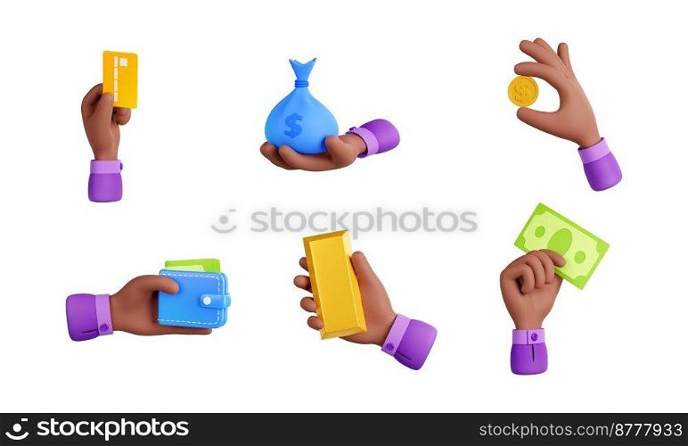 3d render black hand with money isolated icons set. Donation, payment transaction with businessman palms holding wallet, sack, card, gold ingot, coin and bill, Illustration in cartoon plastic style. 3d render black hand with money isolated icons set