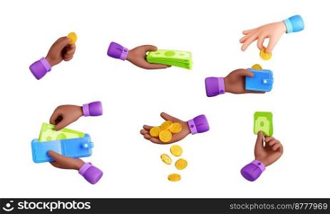 3d render black hand with money isolated icons set. Concept of payment, savings, transaction with african businessman palms holding wallet, coins and bills. Illustration in cartoon plastic style. 3d render black hand with money isolated icons set
