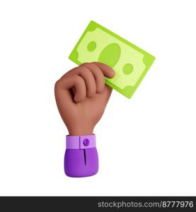 3d render black hand with paper bill, african businessman palm holding money, donate, buying or paying. Finance, investment, currency exchange concept, isolated Illustration in cartoon plastic style. 3d render black hand with paper bill currency