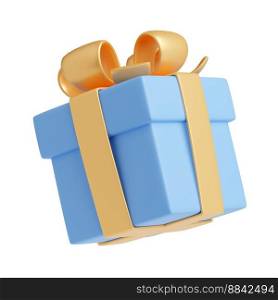 3D render blue gift box with gold ribbon, Isolated package with glossy bow. Holiday present, bonus, prize, birthday, christmas, new year or wedding surprise, Illustration in cartoon plastic style. 3D render blue gift box with gold ribbon, package
