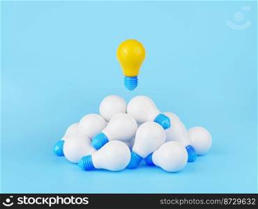 3d render bright glowing lightbulb over pile of white l&s. Digital concept of creative idea, challenge, invention, power of education, thinking or imagination, Cartoon illustration in plastic style. 3d render bright glowing lightbulb over pile l&s