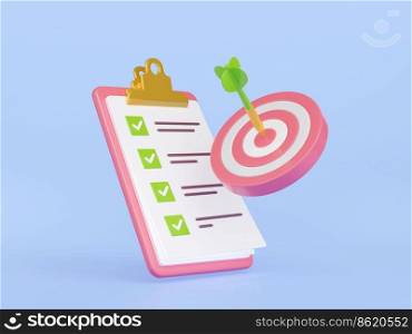 3d render checklist with target bullseye and arrow in aim. Check list on clipboard with tick marks. Business concept of goal achievement, success and progress, Cartoon Illustration in plastic style. 3d render checklist with target bullseye and arrow
