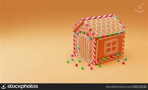 3D Render. Christmas illustration greeting card. Cute cozy dreamlike Christmas gingerbread house decorated candy canes. Holiday Christmas new year concept. 3D Render. Christmas illustration greeting card. Cute cozy dreamlike Christmas gingerbread house decorated candy canes.