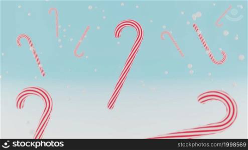 3d render. Christmas peppermint candy canes , different red and white candies on snow background. New Years, Merry Christmas celebration concept. Traditional sweet dessert.. 3d render Christmas peppermint candy canes, different red and white candies on snow background. Traditional sweet dessert.