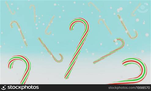 3d render. Christmas peppermint candy canes , different red, green and white candies on snow background. New Years, Merry Christmas celebration concept. Traditional sweet dessert.. 3d render Christmas peppermint candy canes, different red, green and white candies on snow background. Traditional sweet dessert.