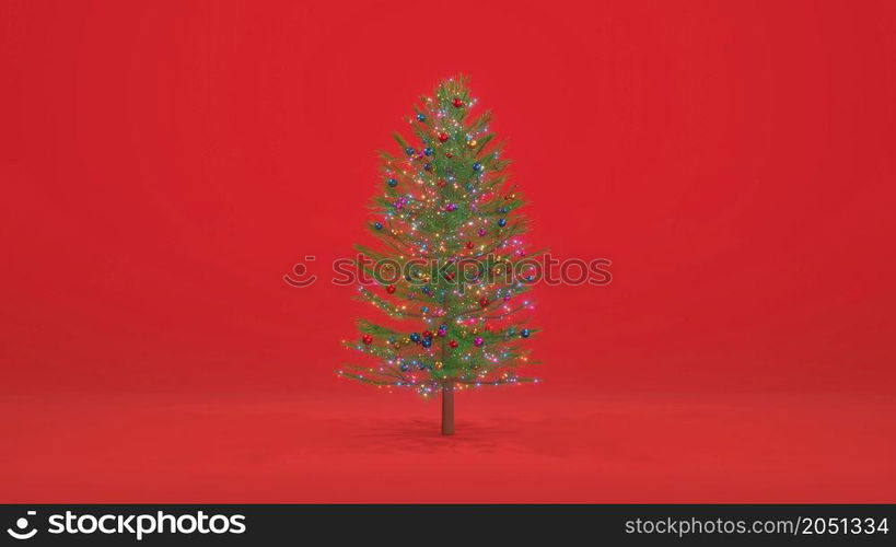 3D Render. Christmas tree on red background. Colorful toy balls, glowing decoration, garland. Merry Christmas and New Year concept. Christmas trees winter holidays symbol. 3D Render. Christmas tree on red background. Colorful toy balls, glowing decoration, garland