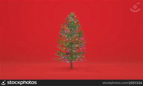 3D Render. Christmas tree on red background. Colorful toy balls, glowing decoration, garland. Merry Christmas and New Year concept. Christmas trees winter holidays symbol. 3D Render. Christmas tree on red background. Colorful toy balls, glowing decoration, garland