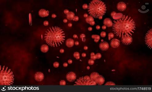 3d render Coronavirus  COVID-19 , Virus of flu or microorganism. Rapid multiplication of bacteria Infection. Red color background.