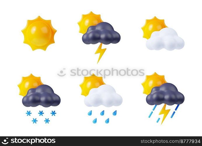 3d render day weather icons set, sun shining, white and black clouds with lightnings, snow or rain drops. App forecast elements, Cartoon illustration in plastic style isolated on white background. 3D render day weather icons set, sun, cloud, flash