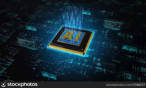 3D render digital of AI Artificial Intelligence over circuit background, High-speed connection data analysis, Future Technology digital background 