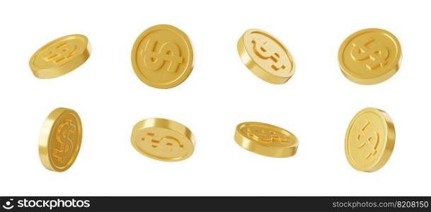 3D render dollar coin in different positions for animation isolated on white background. Golden metal money front, side and back view illustration set. Finance, treasure, savings and success symbol. 3D render dollar coin in different positions