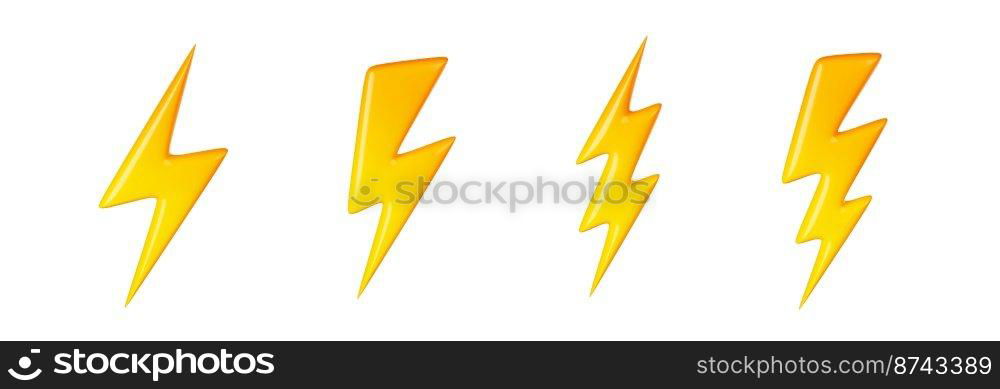 3D render flash, lightning, sale yellow thunder bolt storm charges. Electricity, blitz strikes digital elements. Discount, bright idea concept Illustration in cartoon plastic style on white background. 3D render flash, lightning, sale thunder bolts set