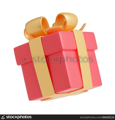 3D render gift box with golden ribbon. Isolated closed pink package with glossy bow on background. Holiday surprise, present for birthday, christmas or wedding, Realistic illustration angle view. 3D render gift box with ribbon, present package