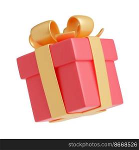 3D render gift box with golden ribbon. Isolated closed pink package with glossy bow on background. Holiday surprise, present for birthday, christmas or wedding, Realistic illustration angle view. 3D render gift box with ribbon, present package