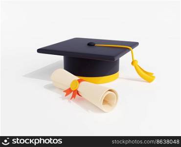 3d render graduation cap with diploma certificate scroll. University, college or high school education concept with student alumni academic bachelor hat, isolated Illustration in cartoon plastic style. 3d render graduation cap with diploma certificate