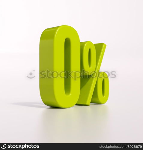 3d render: green 0 percent, percentage sign on white, 0%