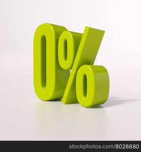 3d render: green 0 percent, percentage sign on white, 0%