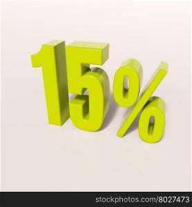 3d render: green 15 percent, percentage discount sign on white, 15%