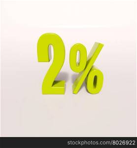 3d render: green 2 percent, percentage discount sign on white, 2%