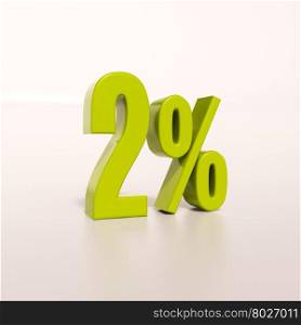 3d render: green 2 percent, percentage discount sign on white, 2%
