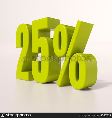 3d render: green 25 percent, percentage discount sign on white, 25%