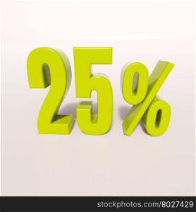 3d render: green 25 percent, percentage discount sign on white, 25%