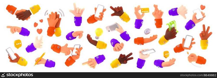 3d render hand gestures, black and white arms with smartphones, handshake, thumb down, victory, pointing and crossed fingers with heart, writing and speech bubble Cartoon illustration in plastic style. 3d render hand gestures, black and white arms set