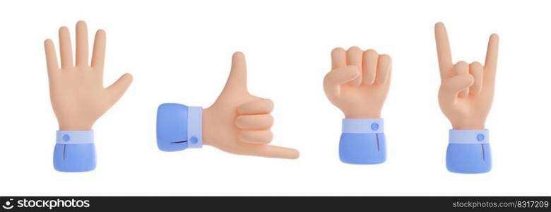 3d render hand gestures open greeting palm, hang or call on mobile phone, fist and rock. Male business character body language gesticulation elements Rendering illustration in cartoon plastic style. 3d render hand gestures body language elements set
