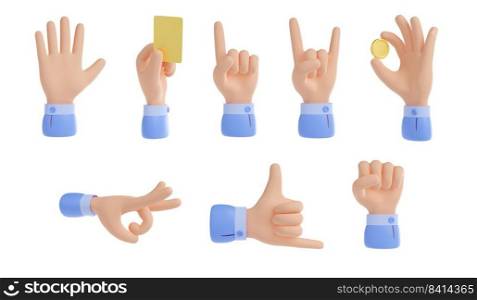 3D render hand gestures set isolated on white background. High-five or greeting palm, finger pointing, fist, rock and shaka signs. Business character holding money, bank card. Body language set. 3D render hand gestures set isolated on white