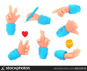 3d render hand gestures, thumb down, victory, pointing and crossed fingers with heart, writing palm and speech bubble isolated communication symbol, body language Cartoon illustration in plastic style. 3d render hand gestures, thumb down, victory sign
