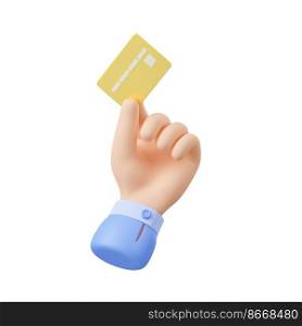 3d render hand holding gold credit card. Money, financial wealth, online shopping, cashless payment service. Business concept with palm and plastic card, isolated Illustration in cartoon plastic style. 3d render hand hold gold credit card Illustration
