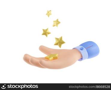 3d render hand holding gold stars. Business and social media concept of rating, user review, feedback and client service evaluation isolated Illustration on white background in cartoon plastic style. 3d render hand holding gold stars business concept