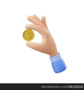 3d render hand holding golden coin between fingers isolated on white background. Concept of money savings, donation, payment, profit, income, earnings, finance Illustration in cartoon plastic style. 3d render hand holding golden coin between fingers
