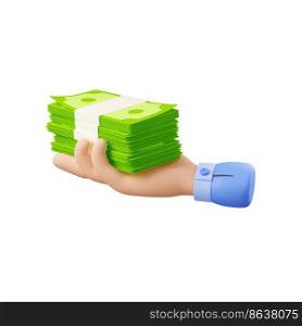 3d render hand holding money, businessman palm with stack of dollar banknotes. Business, economics, finance wealth, loan, donation, investment concept, isolated Illustration in cartoon plastic style. 3d render hand holding money, dollar banknotes