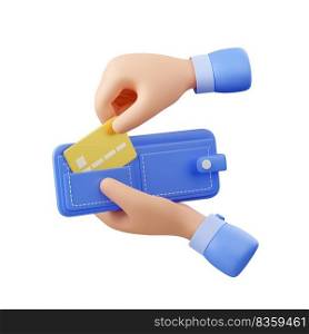 3d render hand holding wallet with bank card isolated on white background. Financial business concept of cashless payment, money transaction, online shopping. Illustration in cartoon plastic style. 3d render, hand holding wallet with bank card