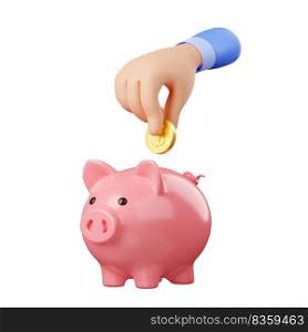 3d render hand put golden coin into piggy bank isolated on white background. Concept of money savings, deposit, budget or investment. Pension or passive income Illustration in cartoon plastic style. 3d render hand put golden coin into piggy bank