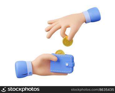 3D render hand putting coin in wallet isolated on white background. Web or mobile app design icon. Illustration of person saving or spending money, receiving income, making investment, shopping. 3D render hand putting coin in wallet on white