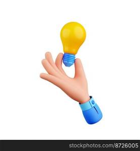 3d render hand with light bulb, creative idea, inspiration, brainstorm, development, business solution, innovation and thinking icon on white background, isolated illustration in cartoon plastic style. 3d render hand with light bulb, creative idea