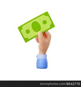 3d render hand with money bill, businessman palm holding paper dollar note donate, buying or paying. Financial transaction, investment, currency exchange isolated Illustration in cartoon plastic style. 3d render hand with money bill or dollar note