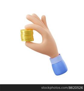 3d render hand with money, golden coins stack between fingers isolated on white background. Concept of savings, payment transaction, currency exchange, profit. Illustration in cartoon plastic style. 3d render hand with money, golden coins stack