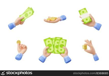 3d render hand with money isolated set. Concept of payment, savings, transaction with businessman palms holding golden coins and dollar bills. Illustration in cartoon plastic style on white background. 3d render hand with coins and bills isolated set