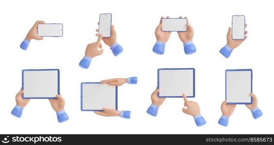 3d render hands holding electronic devices smartphones and tablet pc with blank display. Mockup of gadgets, mobile phone presentation isolated Illustration on white background in cartoon plastic style. 3d render hands holding electronic devices set