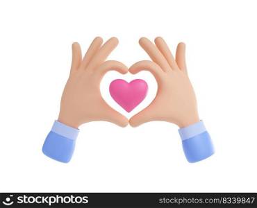 3d render hands with pink heart inside of fingers frame. Gesture design for valentine day, volunteer charity, love, sympathy or like isolated Illustration on white background in cartoon plastic style. 3d render hands with pink heart inside of fingers